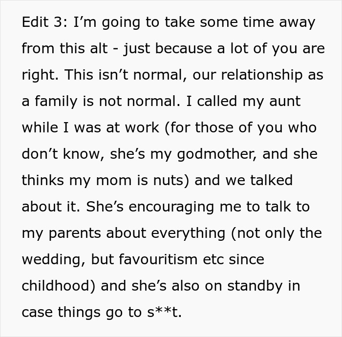 Text excerpt discussing family issues and a sister turning into a bridezilla, leading to a messy family meeting.