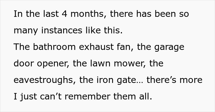 Text excerpt describing repeated instances of fixing household items like fans, garage doors, and lawn mowers over four months. Text excerpt describing repeated instances of fixing household items like fans, garage doors, and lawn mowers over four months.