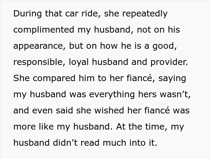 Text excerpt discussing a woman praising her husband and comparing him to her fianc&eacute; during a car ride.