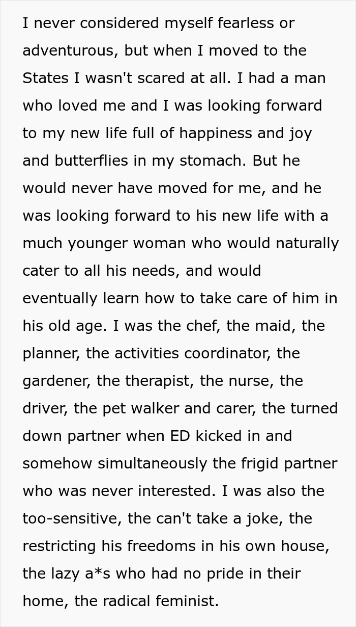 Text excerpt describing a wife&rsquo;s experience living life like her husband, highlighting relationship roles and frustrations.