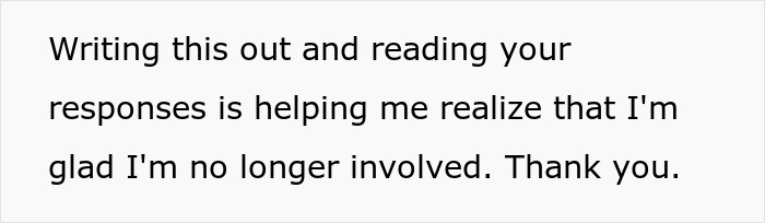 Text on a white background discussing relief and closure after ending involvement, related to woman forcing boyfriend to sign income contract. Text on a white background discussing relief and closure after ending involvement, related to woman forcing boyfriend to sign income contract.