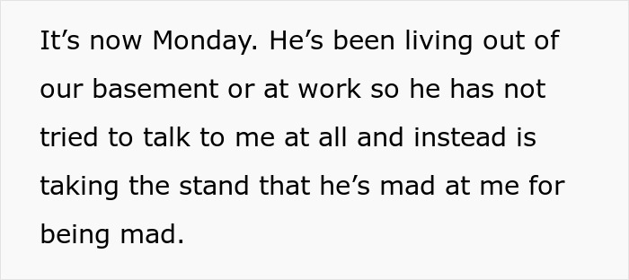 Text excerpt from a story about a husband avoiding his wife after claiming to go on a camping trip with his bro. Text excerpt from a story about a husband avoiding his wife after claiming to go on a camping trip with his bro.