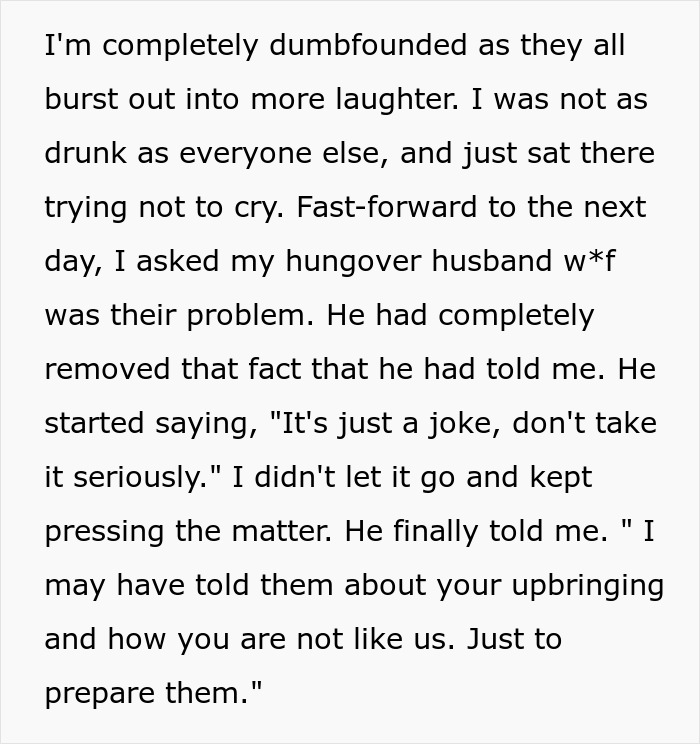 Text excerpt showing a woman confronting her husband about his family's snobbish behavior and lies. Text excerpt showing a woman confronting her husband about his family's snobbish behavior and lies.