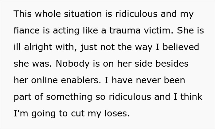Text excerpt showing a fiancée acting like a trauma victim amid obsession and stalking issues affecting relationships. Text excerpt showing a fiancée acting like a trauma victim amid obsession and stalking issues affecting relationships.