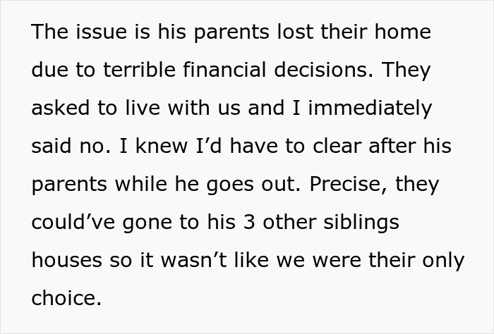 Text explaining a wife refusing her husband's demands over his parents living with them, sparking a tantrum. Text explaining a wife refusing her husband's demands over his parents living with them, sparking a tantrum.