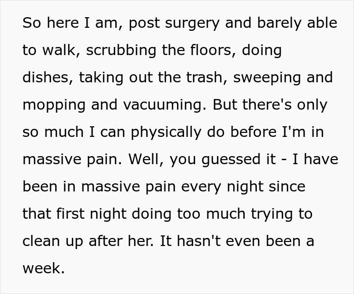 Woman lets friend stay during surgery recovery, returns to filthy house and car driven long distance without care.