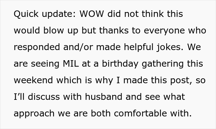 Text excerpt discussing a MIL refuse baby name situation and planning to address it with husband at a family gathering.