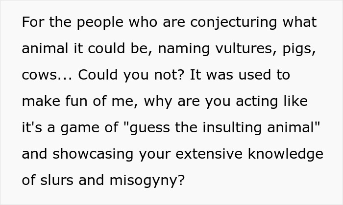 Screenshot of text condemning mocking animal insults and slurs, referencing a racist gift incident and humiliation Screenshot of text condemning mocking animal insults and slurs, referencing a racist gift incident and humiliation
