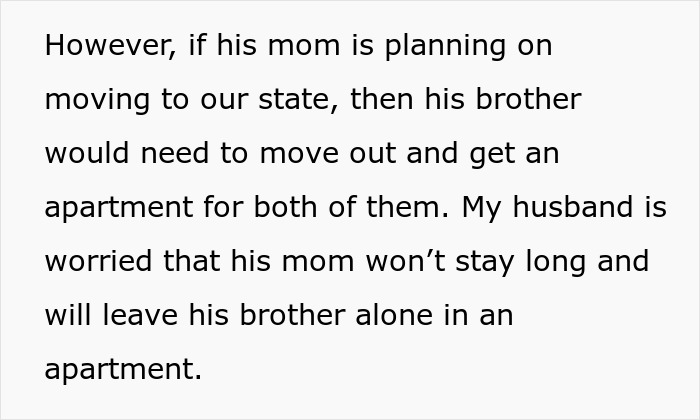 Text discussing husband's concern about his mom moving and his brother needing an apartment, highlighting family housing conflicts.