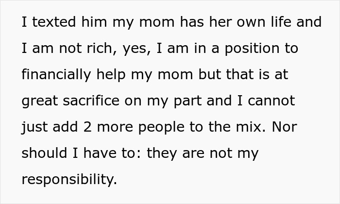 Text message explaining financial limits and refusal to support additional family, highlighting titled uncle expects niece to be retirement plan. Text message explaining financial limits and refusal to support additional family, highlighting titled uncle expects niece to be retirement plan.