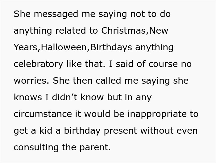 Text message conversation about a babysitter being told not to give a birthday gift to a child without consulting the parent, causing tension.