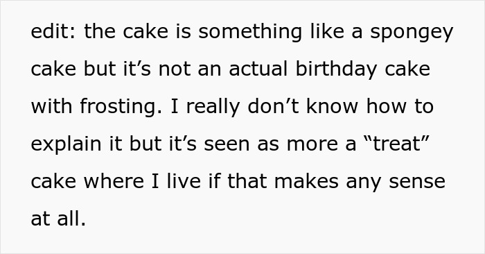 Text describing a cake resembling a spongey treat cake, explaining it is not a traditional birthday cake with frosting.