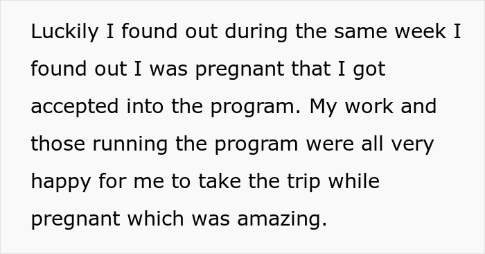 Text about a pregnant woman accepted into a program, balancing work and personal challenges including co-parenting concerns.