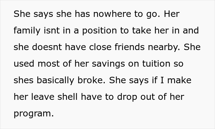 Text about a woman struggling with no support, savings spent on tuition, highlighting ex-house-drama-relationship issues.