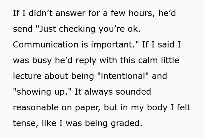 Text excerpt from a woman describing communication issues and boundary struggles in a challenging relationship dynamic. Text excerpt from a woman describing communication issues and boundary struggles in a challenging relationship dynamic.