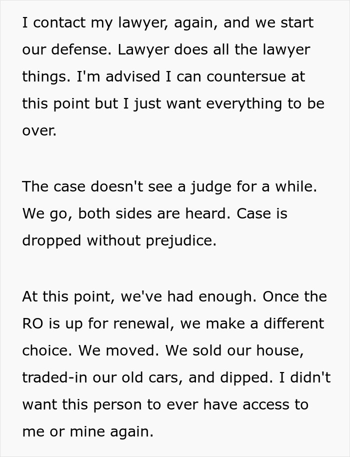 Text excerpt describing legal defense and decision to move after troubling experience with hair stylist shrine discovery.