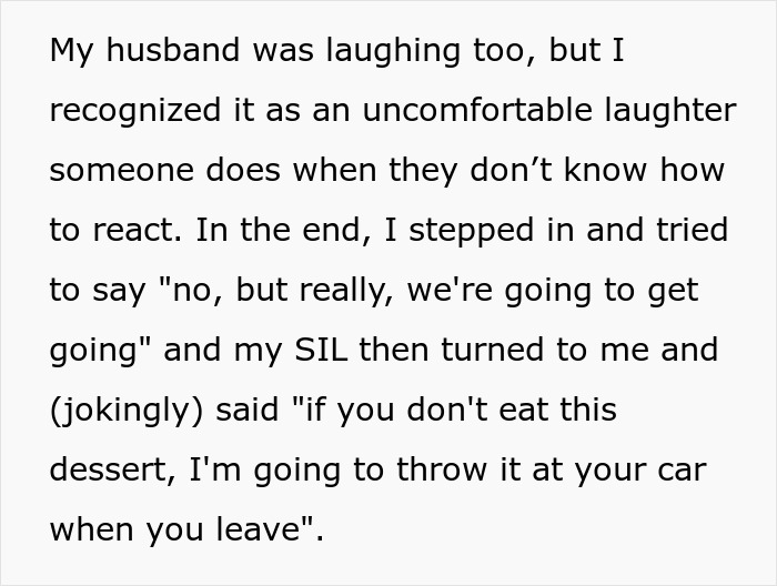 Text describing a couple held hostage at dinner, with SIL threatening to destroy their car with food if they try to leave. Text describing a couple held hostage at dinner, with SIL threatening to destroy their car with food if they try to leave.