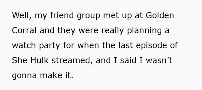 Text excerpt about a friend group planning a watch party, highlighting a teen not liking superhero stuff due to grief. Text excerpt about a friend group planning a watch party, highlighting a teen not liking superhero stuff due to grief.