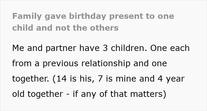 Text excerpt discussing family dynamics where aunties favor one child, causing mom to react to their favoritism.