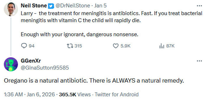Twitter exchange showing a medical expert correcting dangerous natural remedy claims, highlighting medical knowledge spread and shaming.