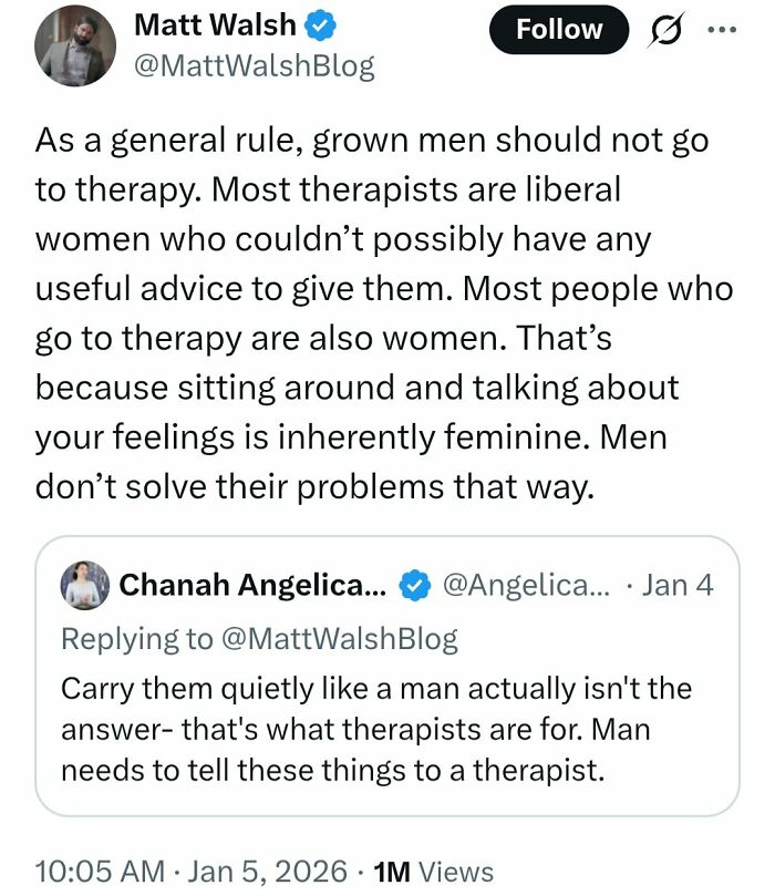 Screenshot of Twitter discussion showing flawed medical knowledge about therapy and gender roles, criticized for spreading misinformation.