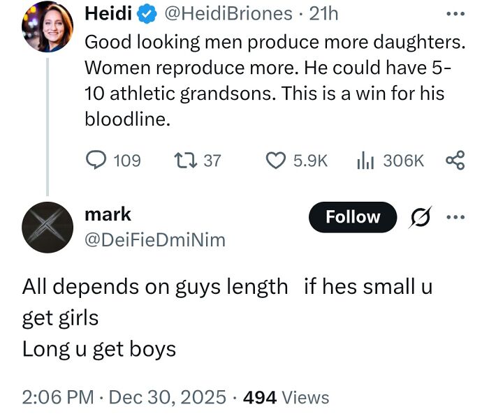 Tweet conversation spreading questionable medical knowledge about reproduction and gender linked to physical traits, shamed online.