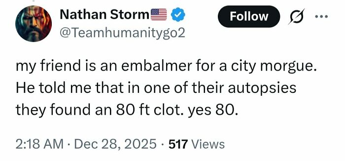 Tweet screenshot discussing a false medical claim about an 80 ft blood clot shared online and widely criticized.