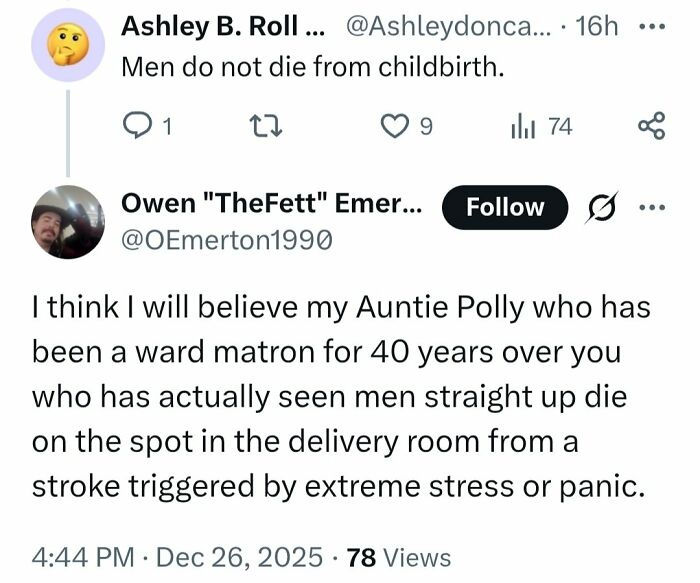 Twitter exchange where someone spreads questionable medical knowledge about childbirth, sparking criticism and shaming online.