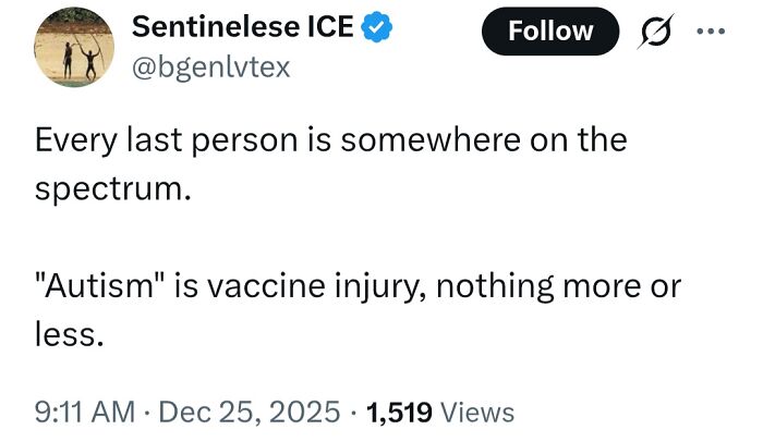Tweet claiming autism is vaccine injury, illustrating misleading medical knowledge being widely shared and criticized online.