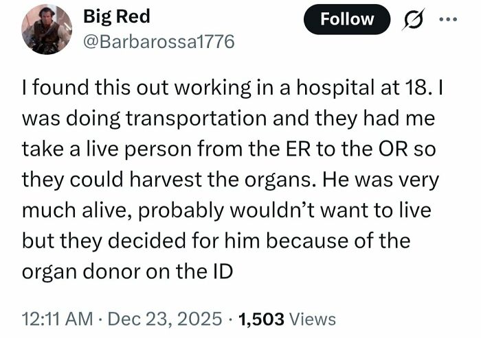 Tweet from user Big Red sharing questionable medical knowledge about organ donation and hospital procedures, fitting medical knowledge shaming.