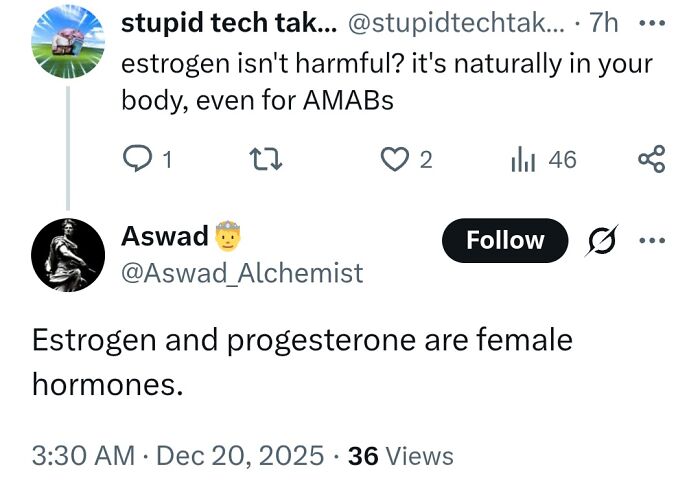 Twitter exchange discussing estrogen and progesterone as female hormones, illustrating medical knowledge spread and shaming.