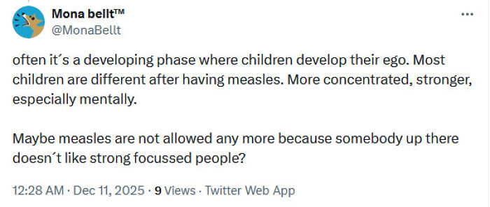 Tweet screenshot discussing misconceptions about measles and children’s development, related to medical knowledge spread and shaming.
