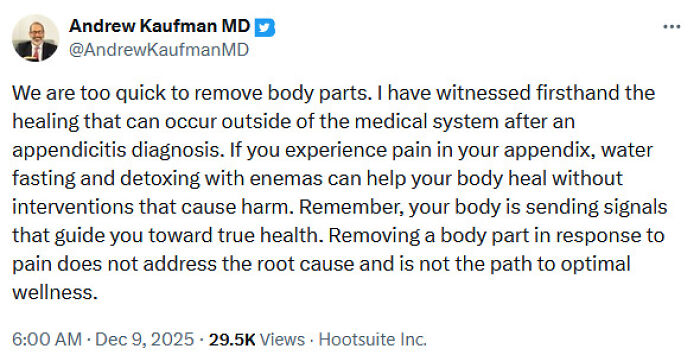 Tweet from Andrew Kaufman MD spreading medical knowledge about appendix healing and alternative treatments, drawing criticism online.