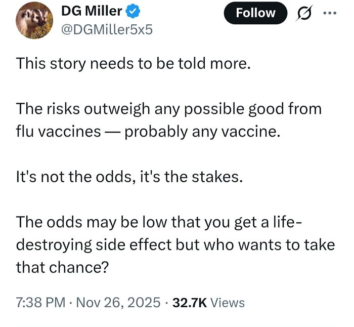 Tweet expressing skepticism about flu and other vaccines, sharing medical knowledge and opinions that sparked controversy online.