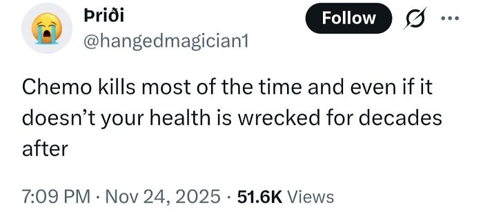 Tweet claiming chemo kills often and damages health for decades, showing misinformation in medical knowledge discussions online.