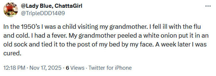 Tweet from user sharing an outdated medical remedy involving a white onion tied to a bed post, showing medical knowledge misconceptions.