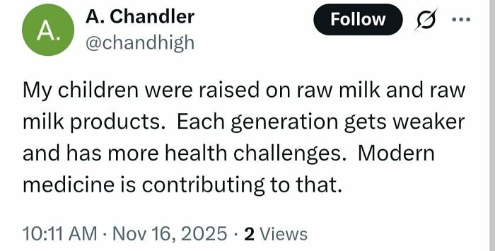 Screenshot of a social media post spreading misleading medical knowledge about raw milk and health challenges.