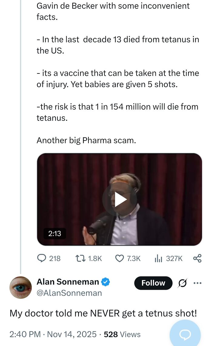 Screenshot of a social media post spreading medical misinformation about tetanus vaccines and health risks.