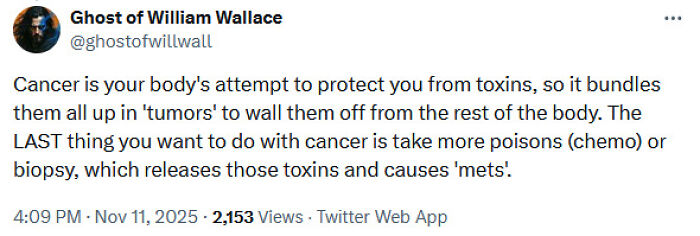 Tweet falsely spreading medical knowledge about cancer toxins and chemotherapy, drawing criticism for misinformation.