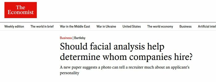 Screenshot of an article headline about facial analysis and hiring decisions in a digital news format.