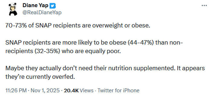 Tweet claiming SNAP recipients have high obesity rates, spreading medical misinformation and facing public criticism online.