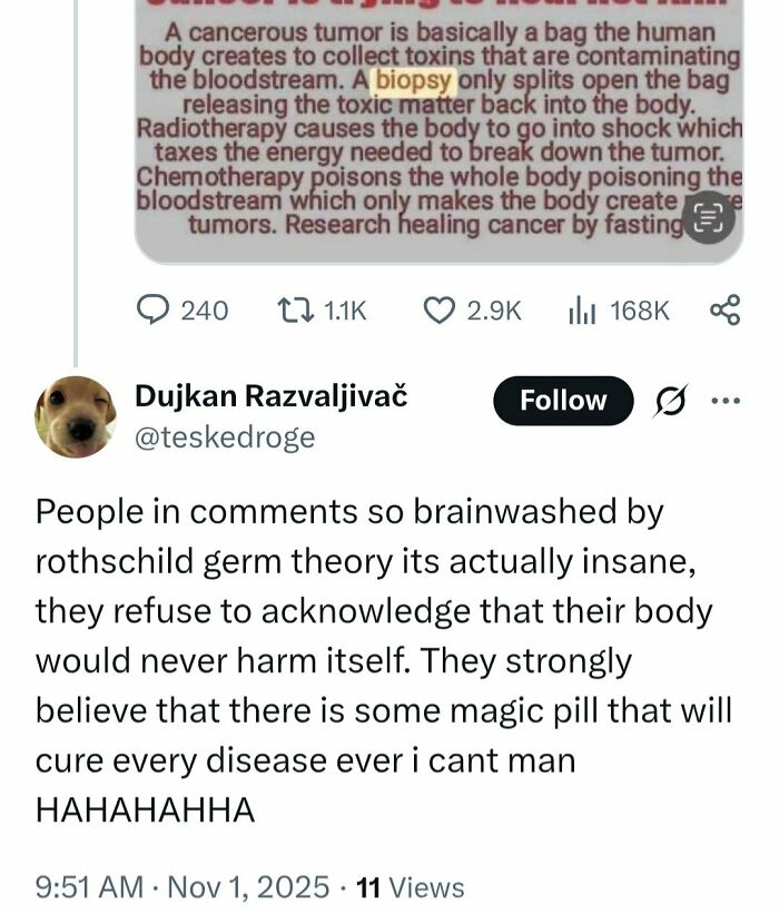 Screenshot of a social media post spreading medical misinformation, criticized for false health claims and misunderstood biology.