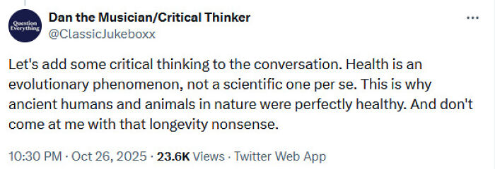 Twitter post by Dan the Musician criticizing scientific views on health, highlighting misinformation and medical knowledge mistakes.
