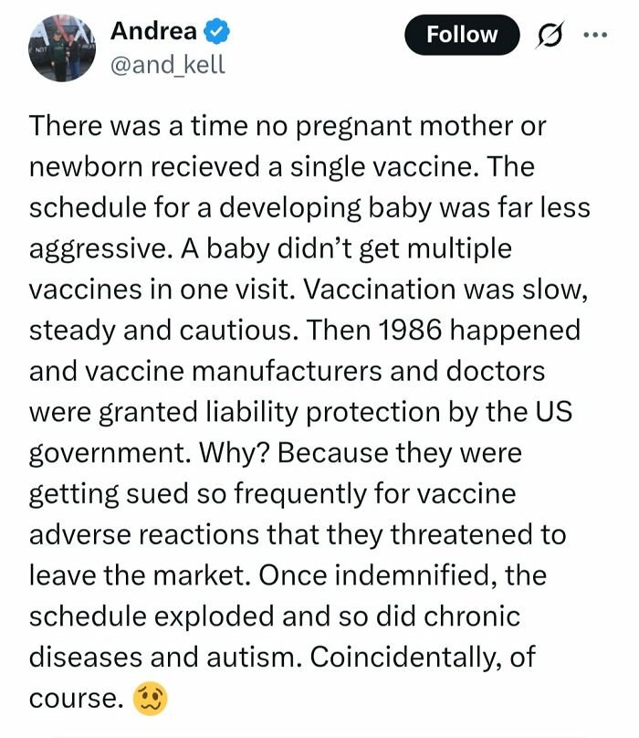 Screenshot of a social media post spreading medical misinformation about vaccines and health risks, misleading medical knowledge.