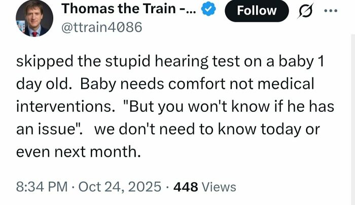 Screenshot of a social media post sharing misinformation about skipping a newborn's hearing test, spreading incorrect medical knowledge.