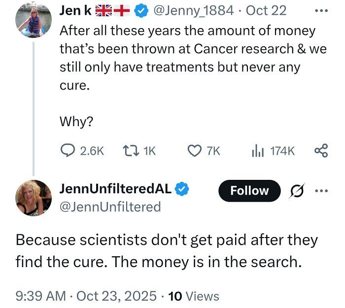 Screenshot of a Twitter exchange spreading questionable medical knowledge about cancer research funding and cures.