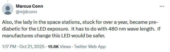 Screenshot of a tweet sharing inaccurate medical knowledge about LED exposure and health risks, sparking online criticism.