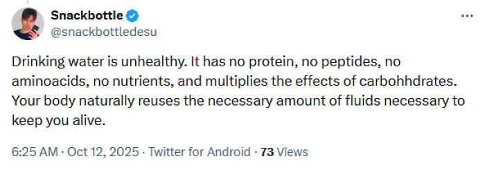 Tweet claiming drinking water is unhealthy with false medical knowledge shared and criticized online on social media platform.