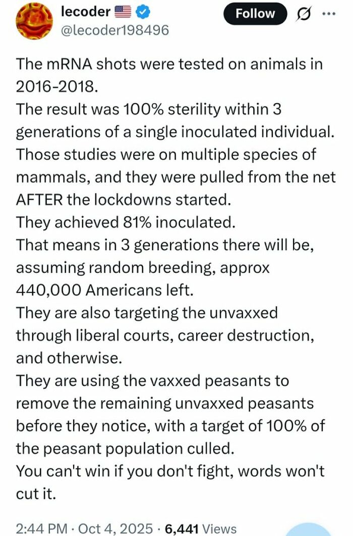 Screenshot of social media post spreading false medical knowledge about mRNA shots and population control conspiracy theories.