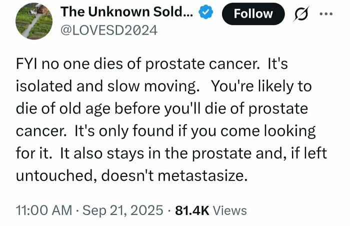 Tweet claiming prostate cancer never causes death, spreading medical misinformation and leading to rightful shaming online.